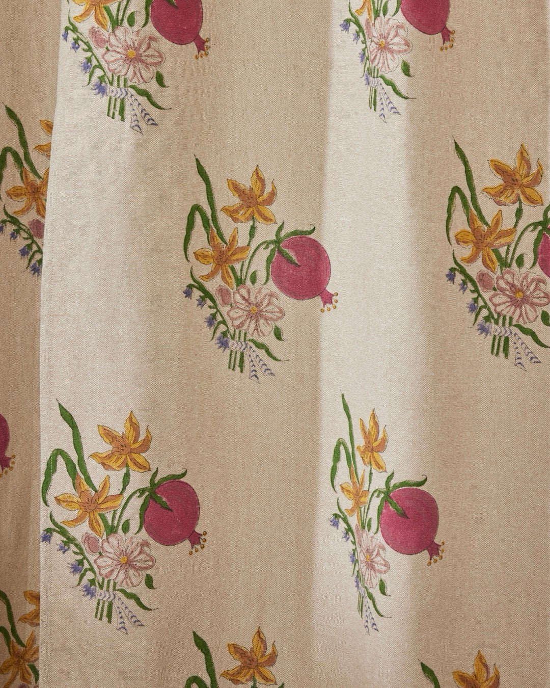 Beige Hand Block Printed Linen Curtains | Pomegranate & Floral Design