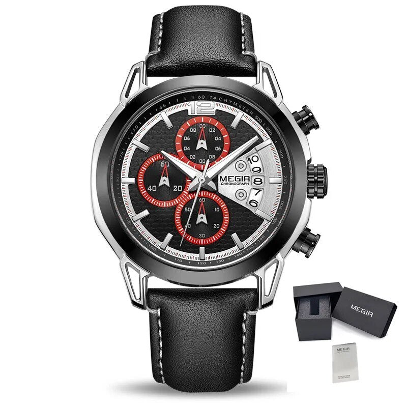 MEGIR Fashion Mens Military Sports Watches Luxury Leather Quartz Business Watch Chronograph Waterproof Luminous Date Wristwatch