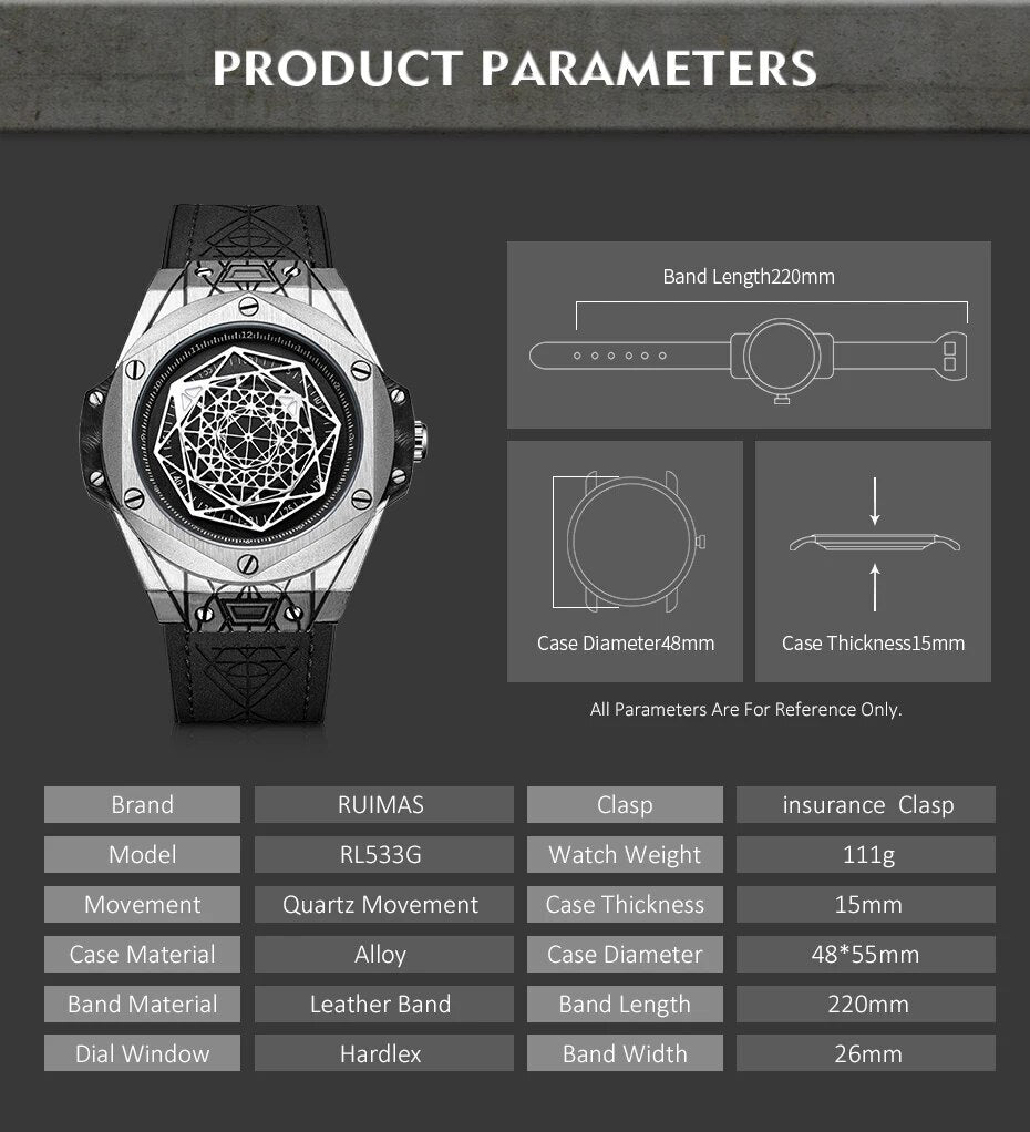 RUIMAS Men's Watches Fashion Sport Quartz Watch for Men Reloj Hombre Leather Belt Wrist Watch Waterproof Casual Clock 533