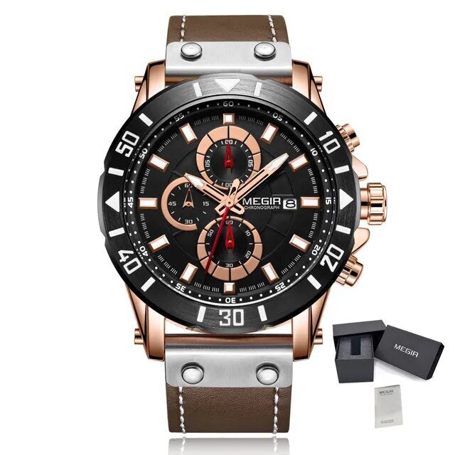 MEGIR Watch Men's Military Sport Wrist Watches Waterproof Leather Quartz Chronograph Calendar Luminous Clock Watch for Man 2081