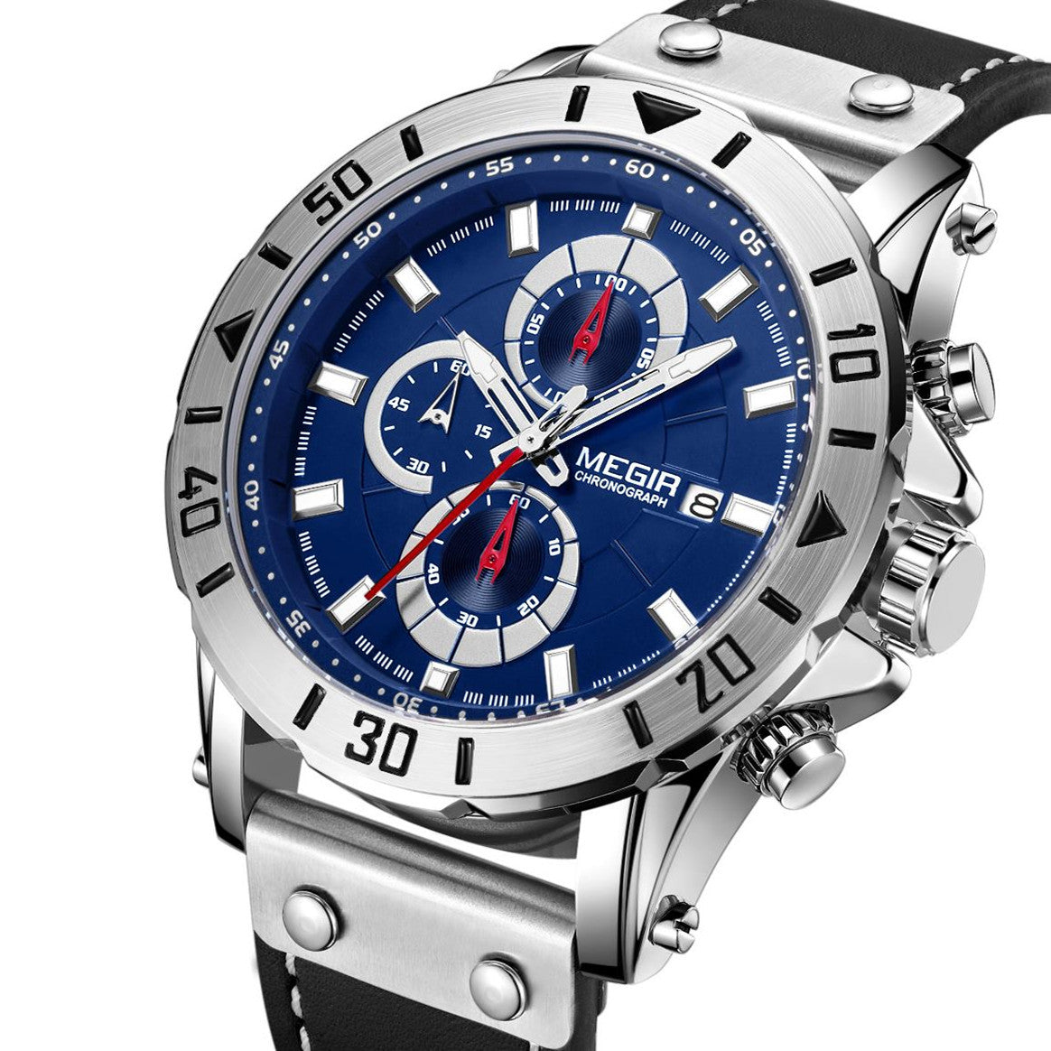 MEGIR Watch Men's Military Sport Wrist Watches Waterproof Leather Quartz Chronograph Calendar Luminous Clock Watch for Man 2081