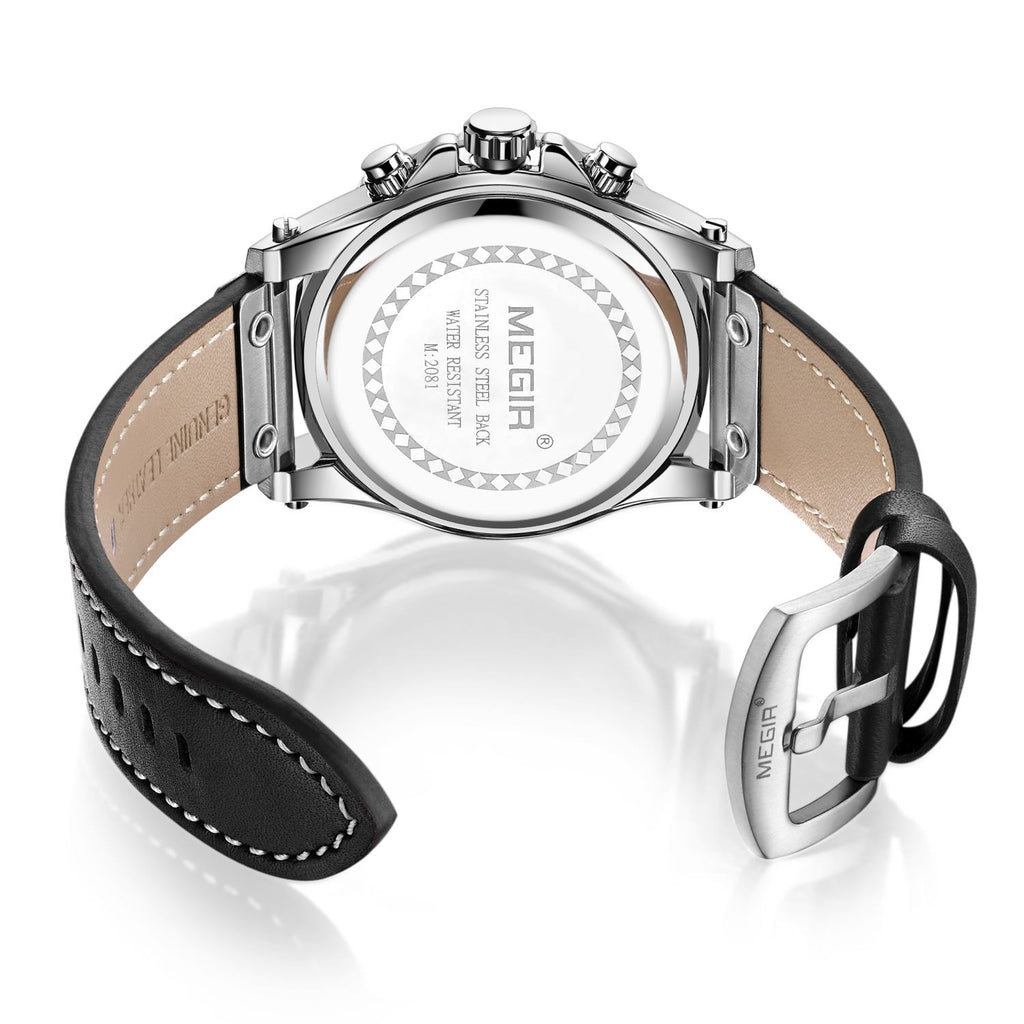 MEGIR Watch Men's Military Sport Wrist Watches Waterproof Leather Quartz Chronograph Calendar Luminous Clock Watch for Man 2081