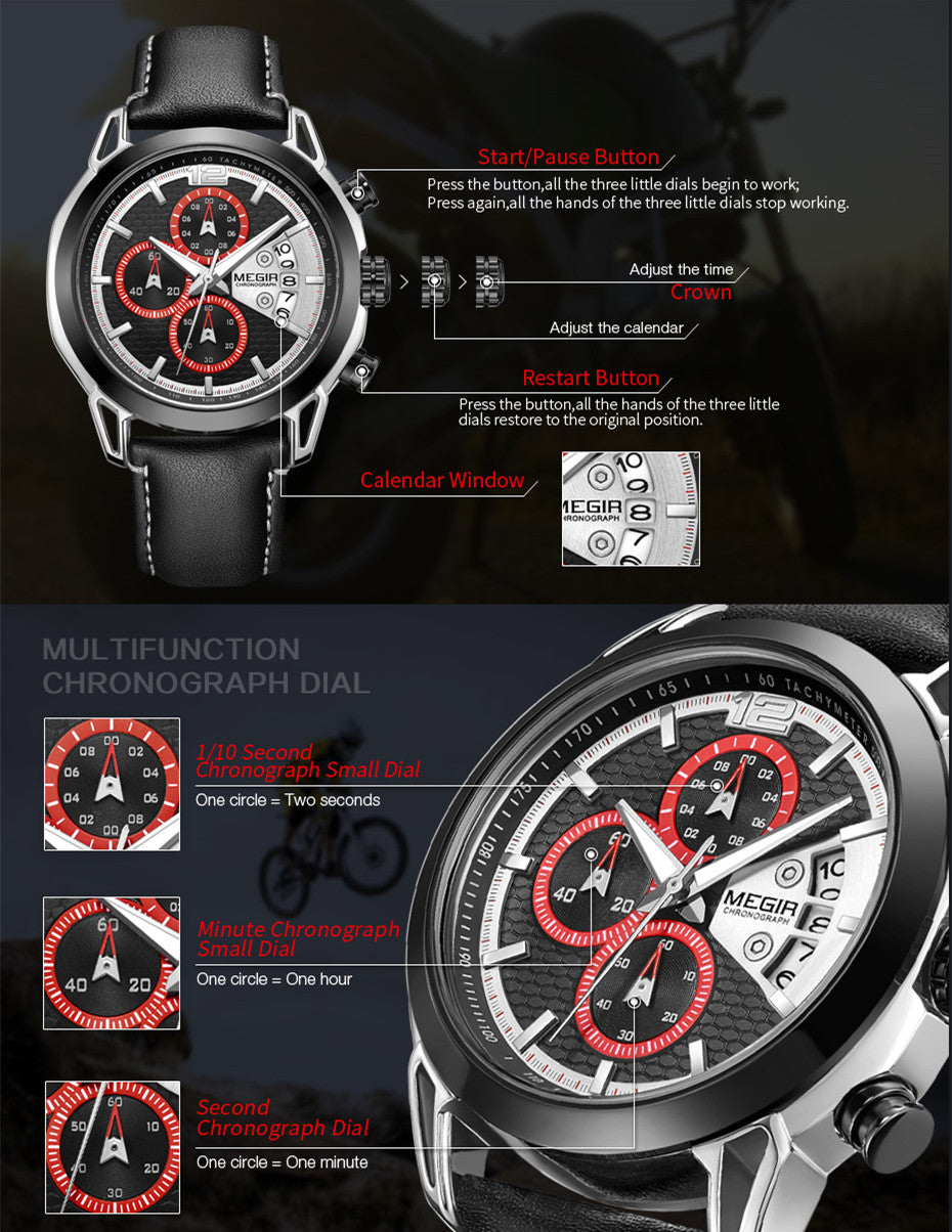 MEGIR Fashion Mens Military Sports Watches Luxury Leather Quartz Business Watch Chronograph Waterproof Luminous Date Wristwatch