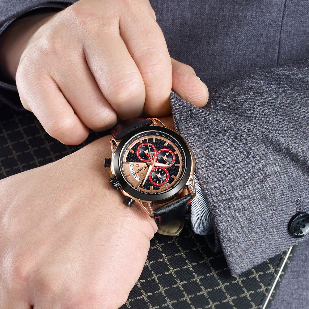 MEGIR Fashion Mens Military Sports Watches Luxury Leather Quartz Business Watch Chronograph Waterproof Luminous Date Wristwatch