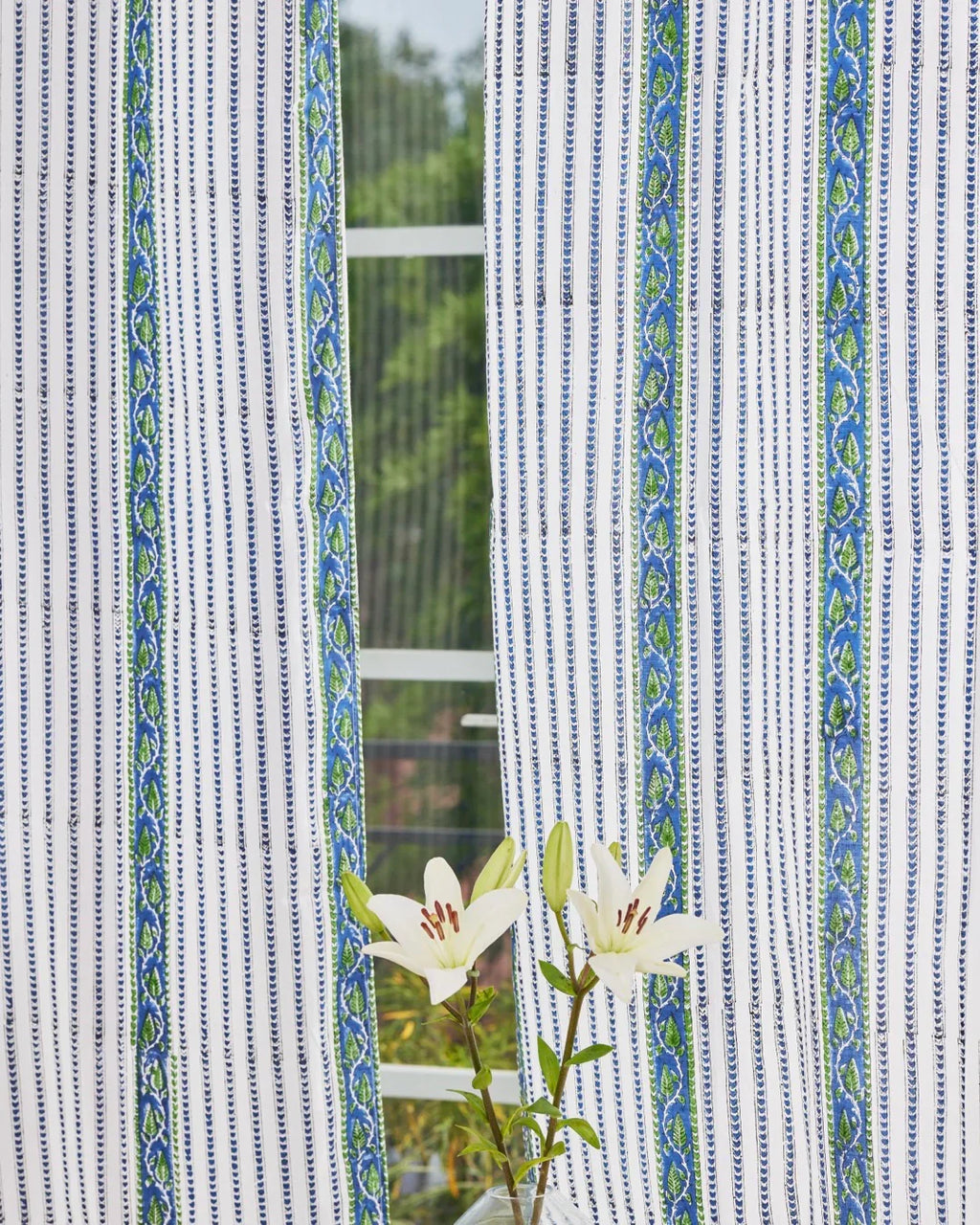White & Blue Hand Block Printed Linen Curtains | Leaf & Stripe Design
