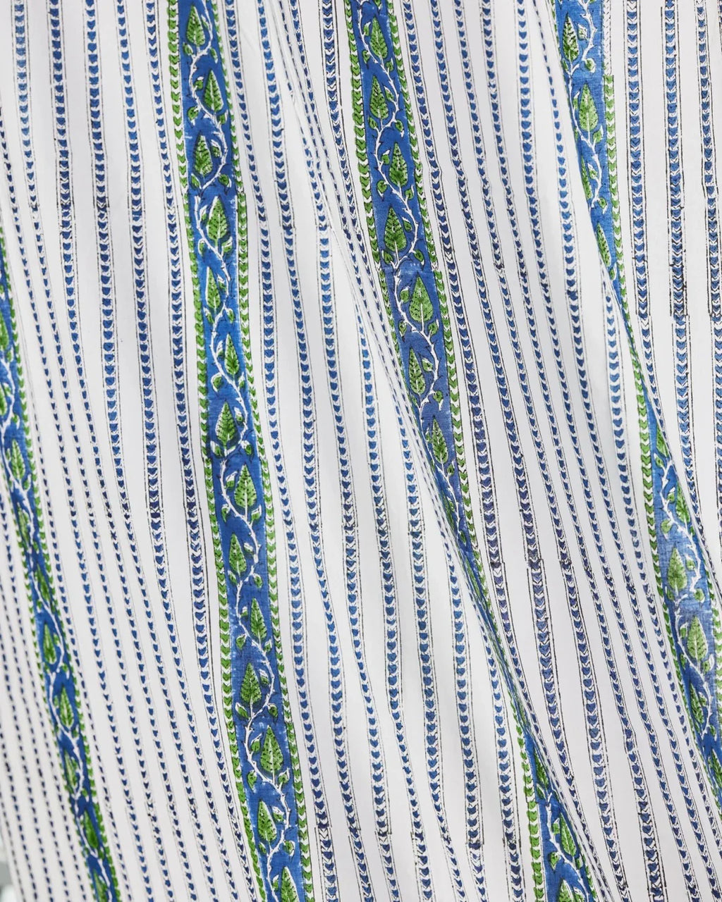 White & Blue Hand Block Printed Linen Curtains | Leaf & Stripe Design