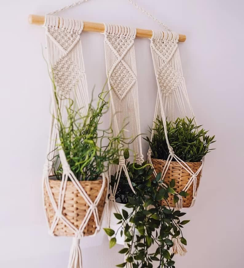 Triple Macrame Plant Hanger - Boho Hanging Wall Planter - Indoor Decor