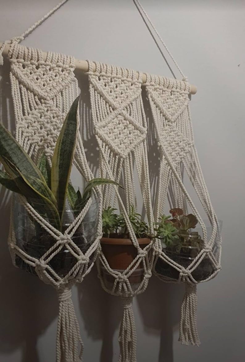 Triple Macrame Plant Hanger - Boho Hanging Wall Planter - Indoor Decor
