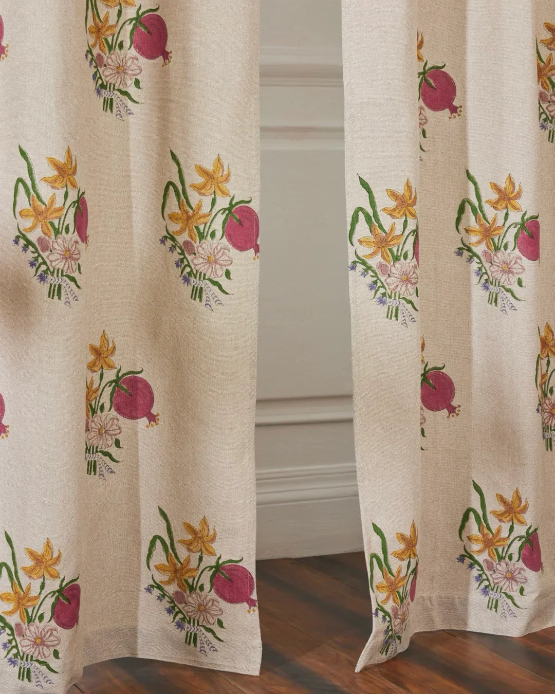 Beige Hand Block Printed Linen Curtains | Pomegranate & Floral Design