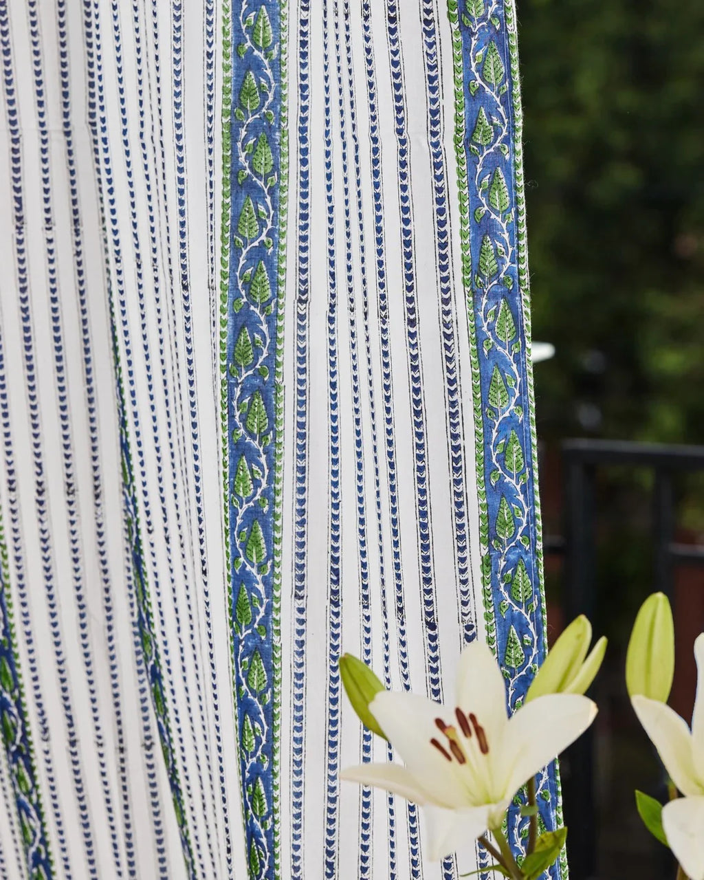 White & Blue Hand Block Printed Linen Curtains | Leaf & Stripe Design