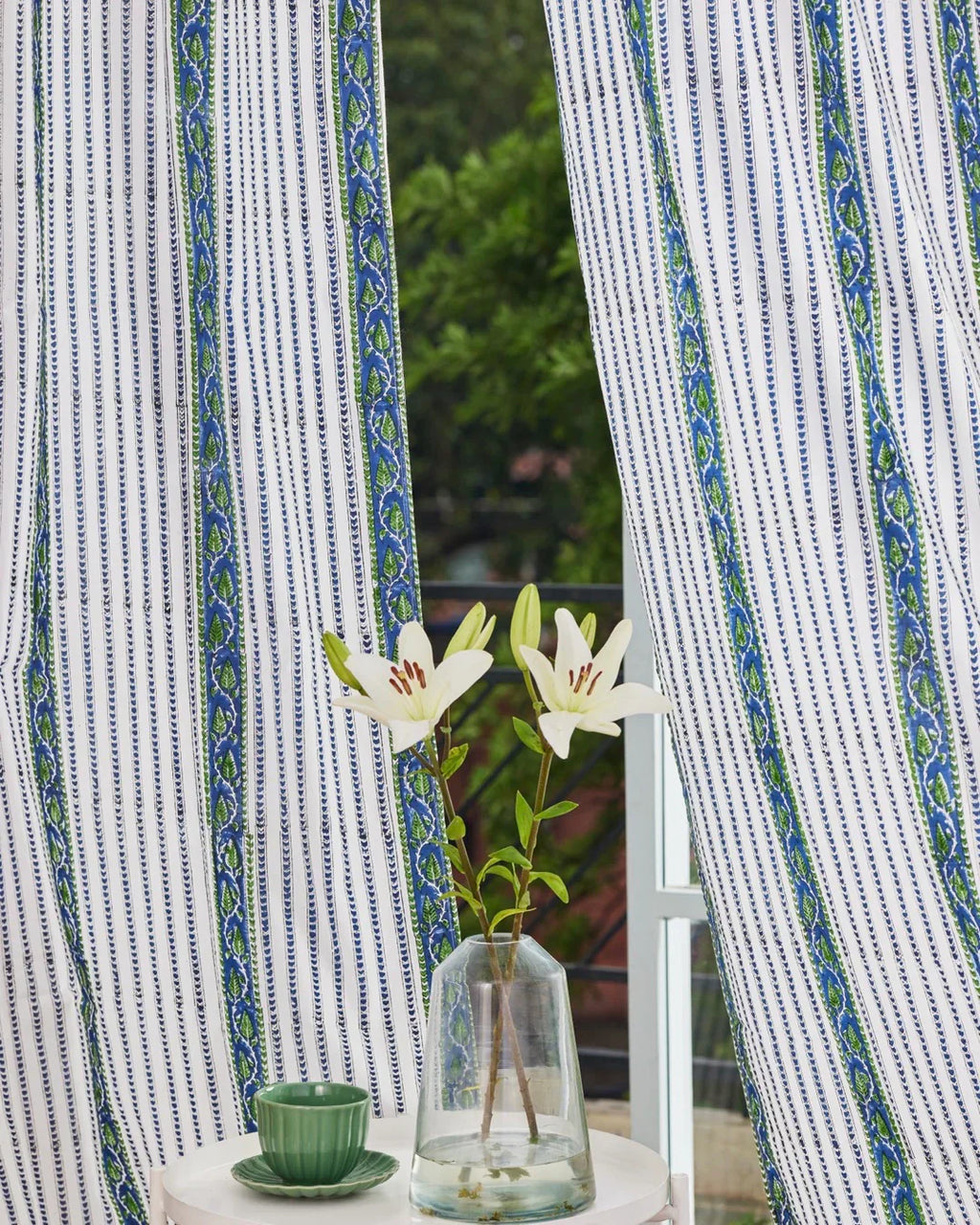 White & Blue Hand Block Printed Linen Curtains | Leaf & Stripe Design