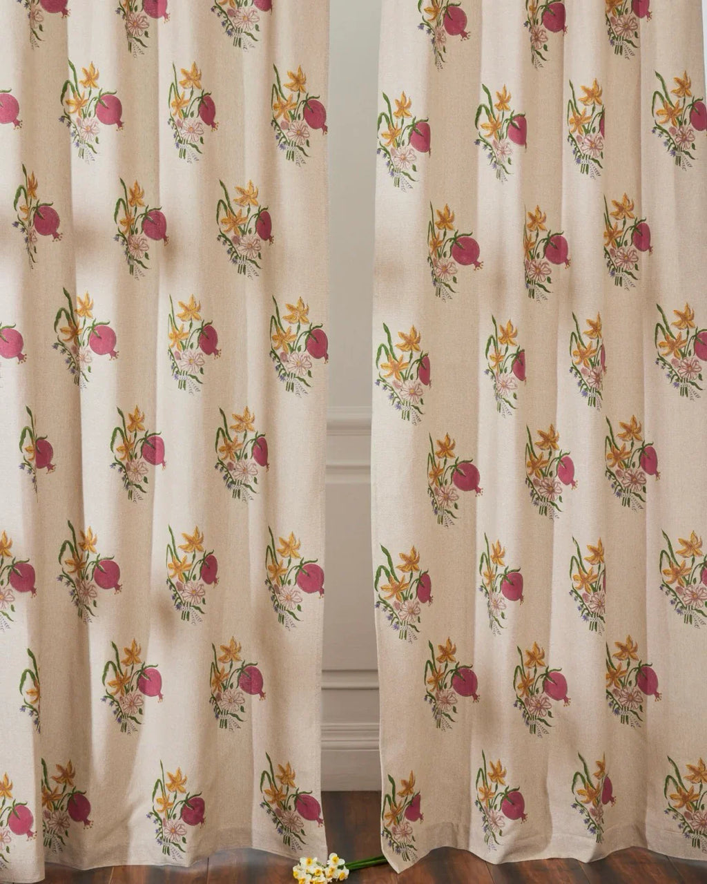 Beige Hand Block Printed Linen Curtains | Pomegranate & Floral Design
