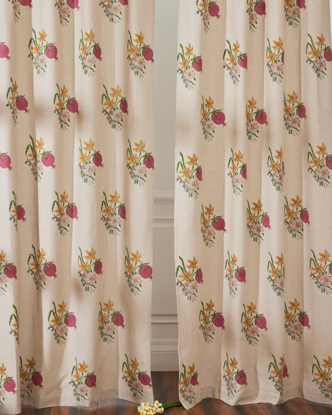 Beige Hand Block Printed Linen Curtains | Pomegranate & Floral Design
