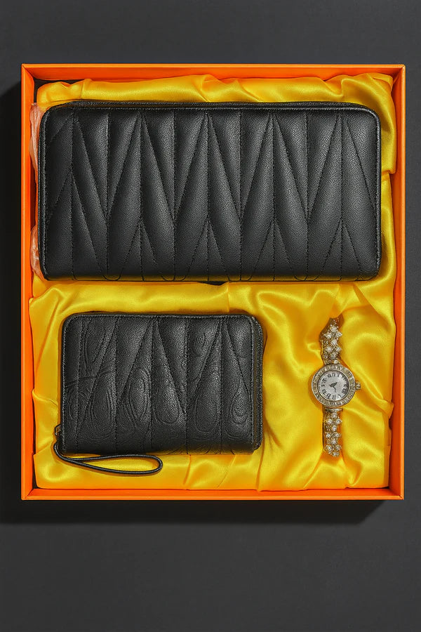 Luxury Women's Gift Set with Black Quilted Clutch, Mini Wallet & Gold Bracelet Watch | Elegant Fashion Combo for Girls & Ladies – Ideal for Birthdays, Anniversaries & Festive Gifting