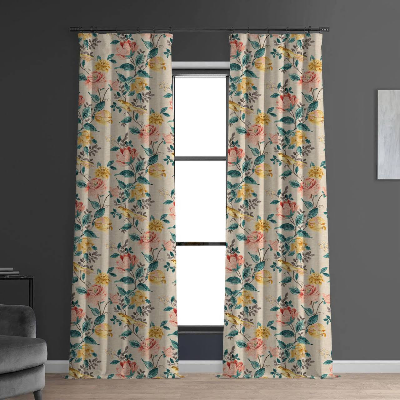 Bird & Floral Print Curtains | Organic Cotton Linen | Blackout/Light Filtering | Made to Measure | Eyelet, Rod Pocket & More