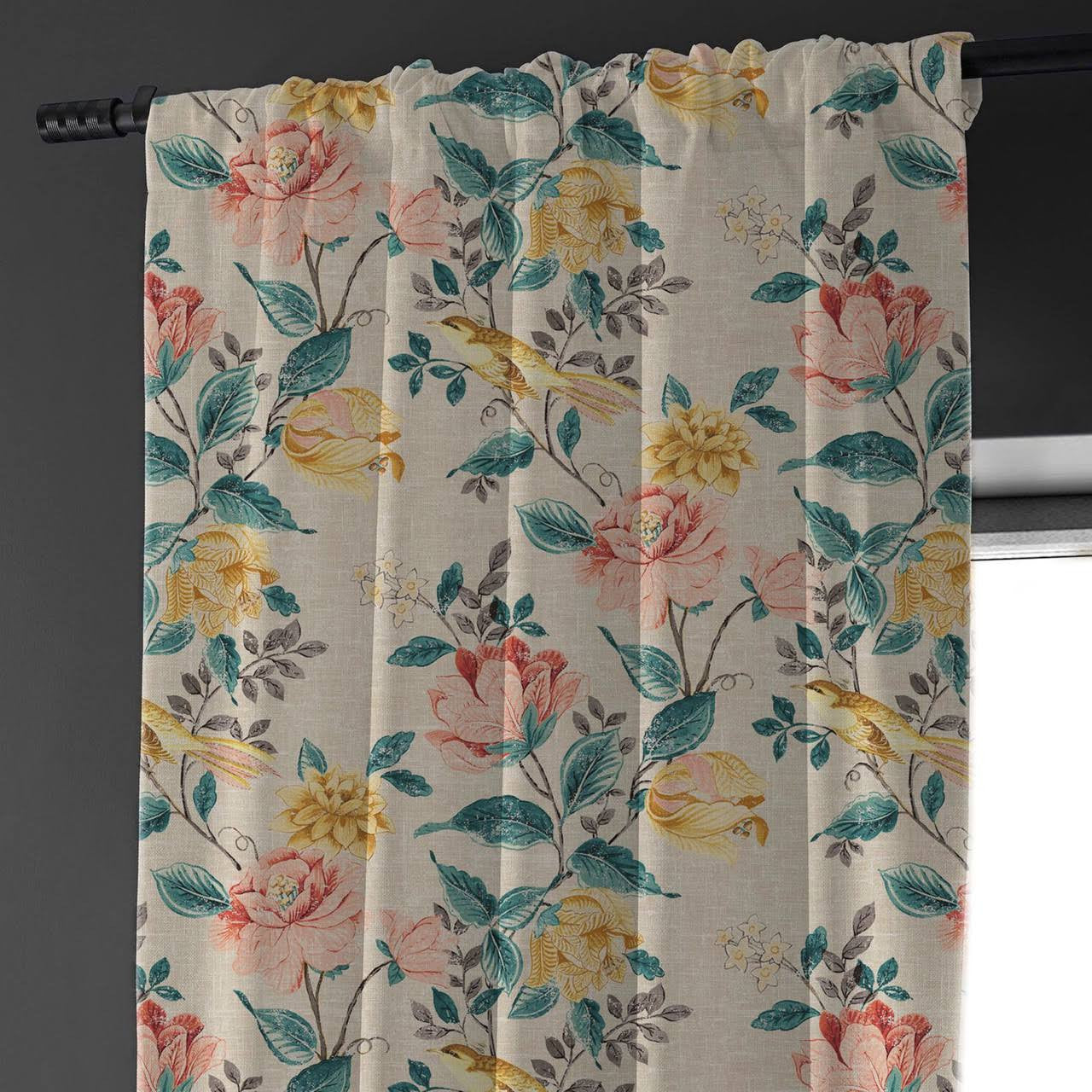 Bird & Floral Print Curtains | Organic Cotton Linen | Blackout/Light Filtering | Made to Measure | Eyelet, Rod Pocket & More