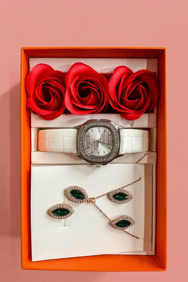 Luxury Gift Set for Women – White Strap Designer Watch & Green Stone Jewelry with Red Roses in Elegant Orange Box | Anniversary, Birthday & Festive Gifting Combo